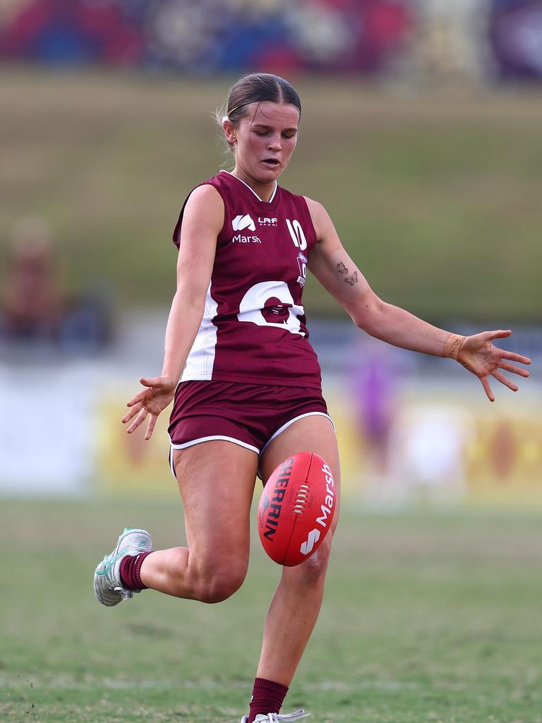 Mia Salisbury of Queensland kicks during the Marsh AFL National Championships match between U18 Girls Queensland and Victoria Country at Brighton Homes Arena. Picture: Chris Hyde/AFL Photos/via Getty Images.