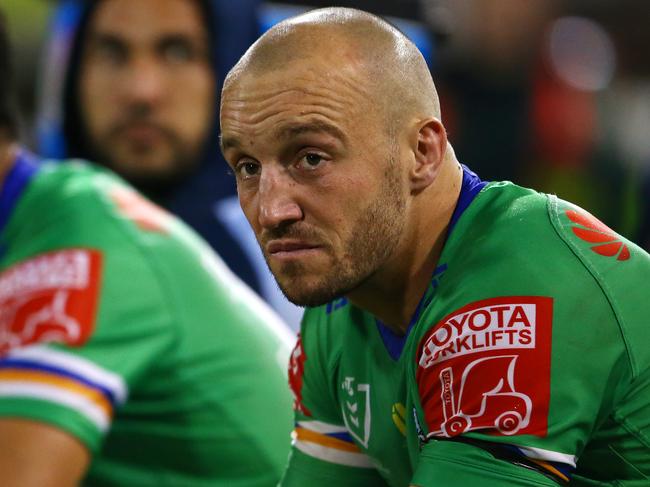 CANBERRA, AUSTRALIA - APRIL 17:  Josh Hodgson of the Raiders looks on during the round six NRL match between the Canberra Raiders and the Parramatta Eels at GIO Stadium on April 17, 2021, in Canberra, Australia. (Photo by Matt Blyth/Getty Images)