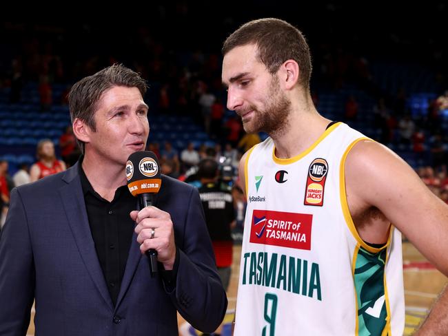 Damian Martin interviews Jack McVeigh following a match against Perth Wildcats at Perth’s RAC Arena last month. Picture: Paul Kane/Getty Images