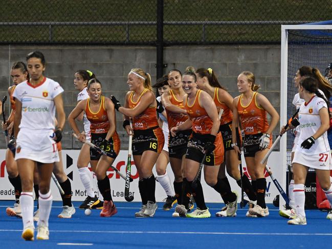 Australian players celebrate a goal. Picture: AFP