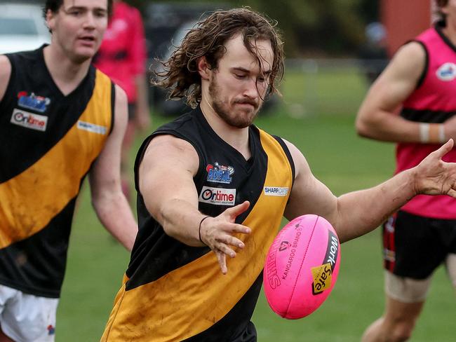 RDFL footy: Romsey v Lancefield at Romsey Park. 4th June 2022. Brendan Crowhurst of Lancefield in action.Picture : George Sal