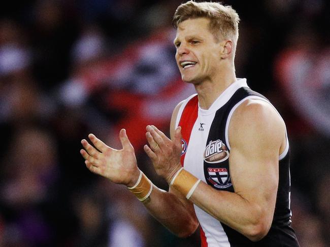 Nick Riewoldt celebrates a goal for the Saints. Picture: Getty Images