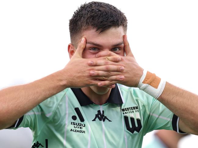 SYDNEY, AUSTRALIA - FEBRUARY 09: Noah Botic of Western United celebrates scoring a goal during the round 18 A-League Men match between Macarthur FC and Western United at Campbelltown Stadium, on February 09, 2025, in Sydney, Australia. (Photo by Brendon Thorne/Getty Images)