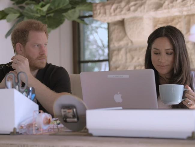 Screengrabs from Harry and Meghan Netflix docuseries.  Pictured: Prince Harry receives a text message from brother Prince William. Picture: Netflix