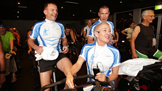 Member for Warringah Tony Abbott and StreetWork ambassadors Michael Lynch and Tani Ruckle in the fundraiser spin class in Mosman Fitness First Platinum last week, which was a warm-up to the annual Pollie Pedal. Picture: Adam Yip