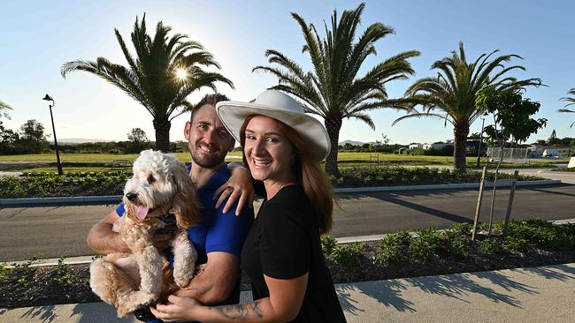 Gold Coast couple Vanessa Mullen and Anthony Kelava at their yet to be built housing development site at Helensvale, Gold Coast. Picture: Lyndon Mechielsen