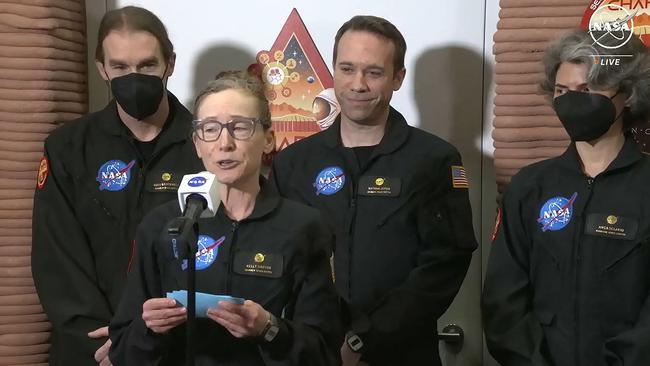 Crew commander Kelly Haston speaks alongside crewmates Ross Brockwell, Nathan Jones and Anca Selariu, as they leave the first simulated year-long Mars habitat mission at Johnson Space Centre in Houston. Picture: AFP