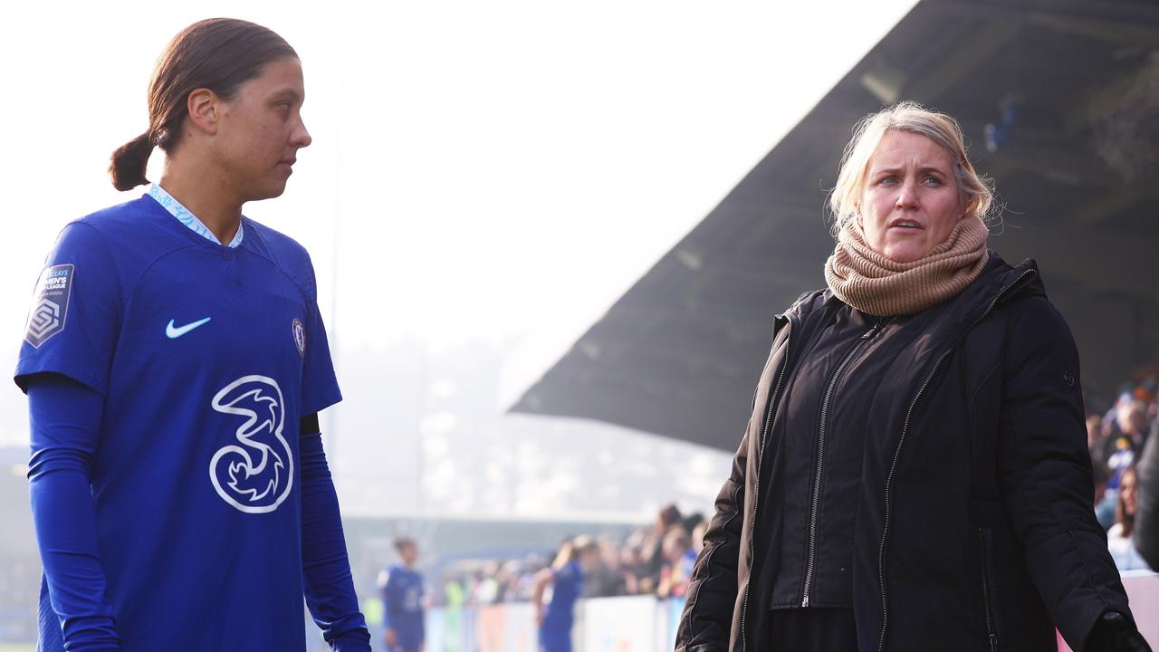 Sam Kerr and Emma Hayes discuss the clash being postponed. (Photo by Clive Rose/Getty Images)
