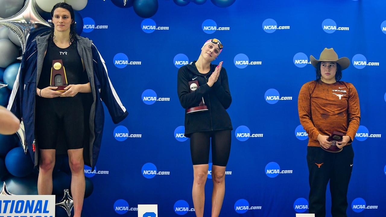 Thomas on the victory dais after her 500m freestyle win at the NCAA Swimming Championships, alongside minor placegetters. Picture: Icon Sportswire/Getty Images