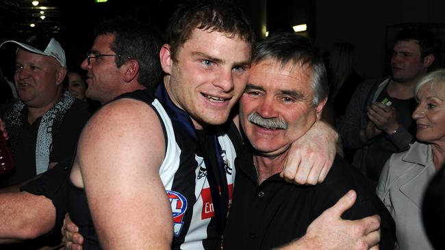 Ray Shaw celebrating Collingwood’s 2010 premiership with son Heath. Picture: Colleen Petch