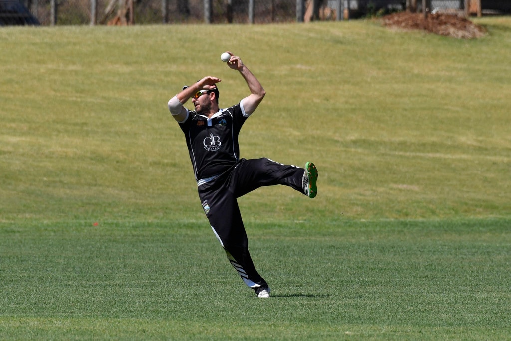 George Banks Umbrellas player Daniel Wilson takes a catch to remove Liam Moffett of Liebke Lions in Darling Downs Bush Bash League (DDBBL) round five T20 cricket at Highfields Sport Park, Sunday, October 20, 2019. Picture: Kevin Farmer