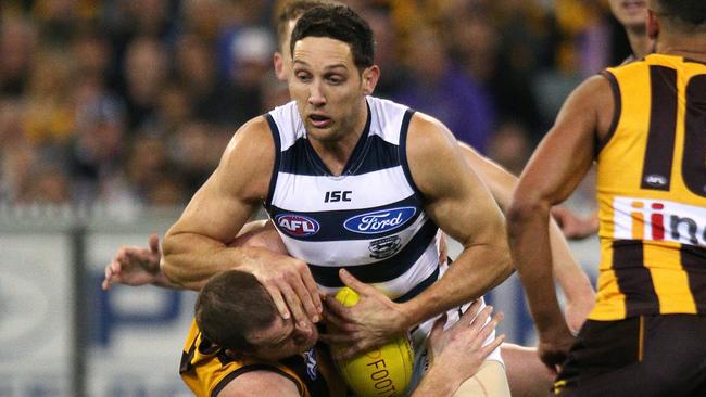 Harry Taylor continues to be a rock in Geelong’s defence. Picture: George Salpigtidis