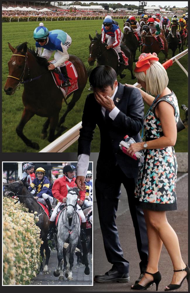 The strapper of Admire Rakti is reduced to tears as he realises the gravity of the Melbourne Cup favourite’s condition (top) and Araldo reacts and breaks a leg after being spooked by an Australian flag. Pictures: Stuart McEvoy, George Salpigtidis and AAP