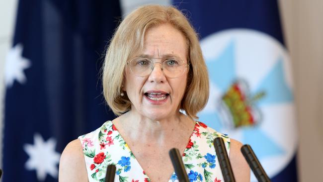 Dr Jeannette Young, Queensland's Chief Health Officer, with Premier Annastacia Palaszczuk, at the presser, at 1 William St, on Sunday 20th December – Photo Steve Pohlner