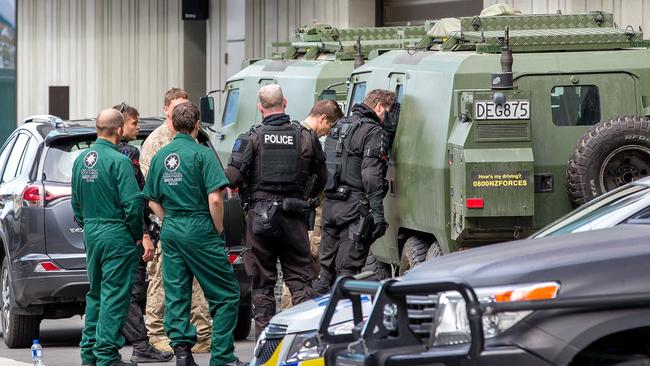 Heavily armed police outside Christchurch District Court before Tarrant’s brief appearance. Picture: AAP