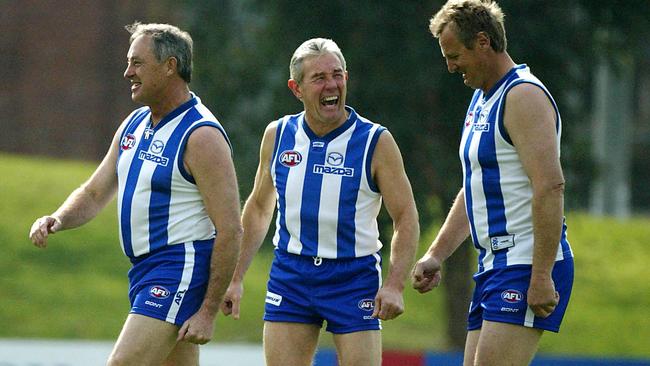 Ex-Kangaroo greats Stan Alves, Peter Chisnall and John Byrne return for a training session at Arden Street.