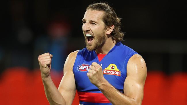 AFL Round 16. Western Bulldogs vs West Coast Eagles at Metricon Stadium. 05/09/2020...  Marcus Bontempelli, skipper of the Bulldogs celebrates the win as the final siren sounds  . Pic: Michael Klein