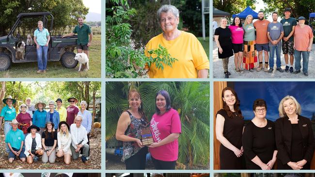 Photo collage of the 2023 Tweed Sustainability Awards winners. Clockwise from top left: Fernvale Farm, Beverley Fairley, Murwillumbah Farmers Market, Summerland Credit Union, Stokers Siding Public School, Pipit Restaurant, Kirra Dive, Fingal Head Coastcare and Agape Outreach Inc (centre).