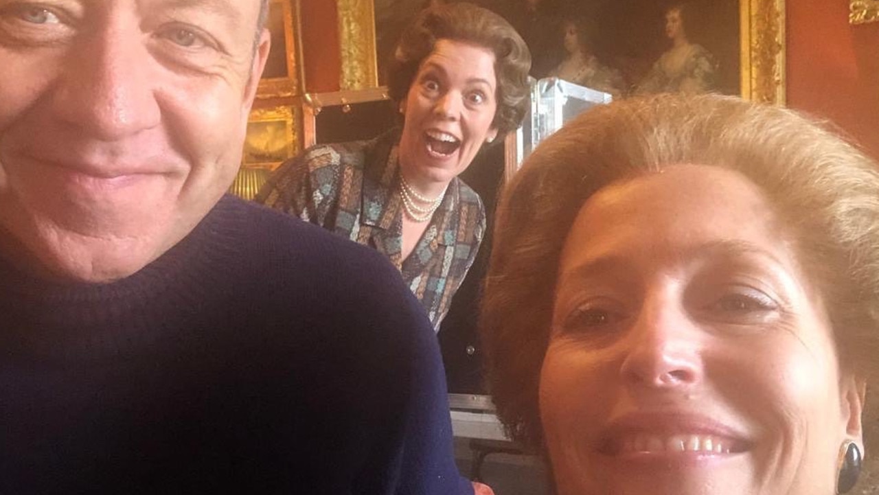 Morgan, Anderson and Olivia Colman on the set of The Crown. Picture: Instagram.