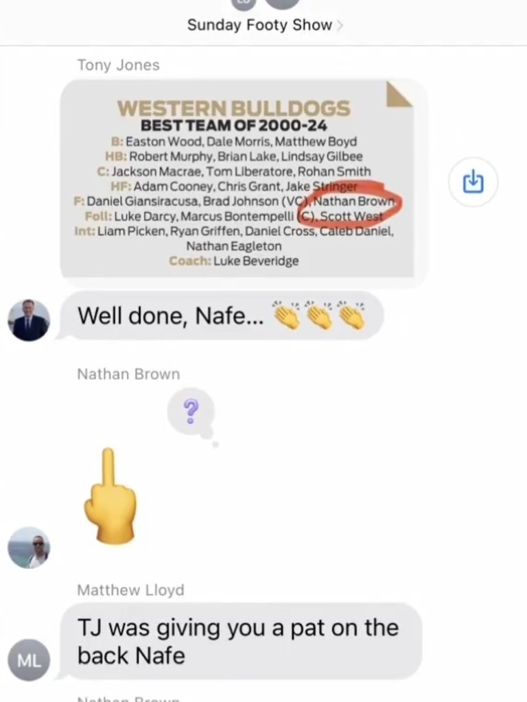 Matthew Lloyd crossed the line and shared texts from the group chat. Photo: Channel 9.