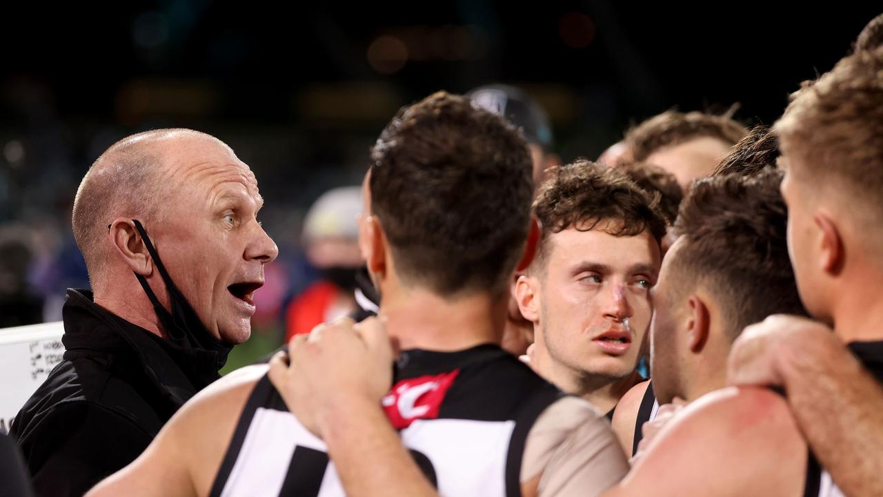 ADELAIDE, AUSTRALIA – AUGUST 27: Ken Hinkley, Senior Coach of the Power during the 2021 AFL Second Qualifying Final match between the Port Adelaide Power and the Geelong Cats at Adelaide Oval on August 27, 2021 in Adelaide, Australia. (Photo by James Elsby/AFL Photos via Getty Images)