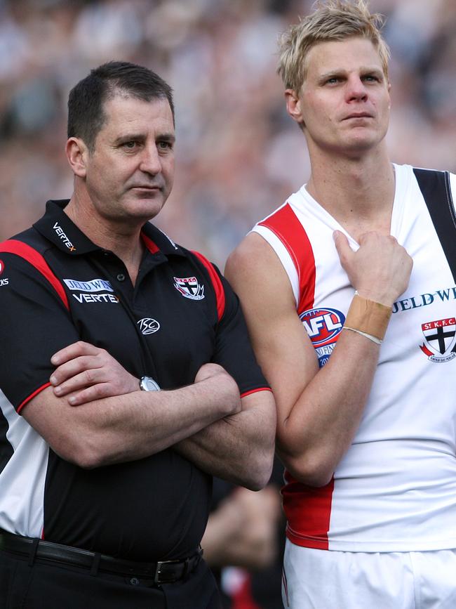 Ross Lyon with his former captain Nick Riewoldt.