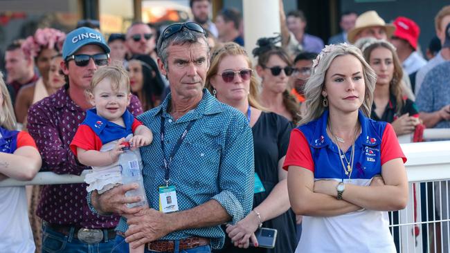 Tensions runs high in the Clarke Racing team before Gary Clarke trained Playoffs scored an emotional win in the 2022 Great Northern Darwin Cup. Picture: Glenn Campbell
