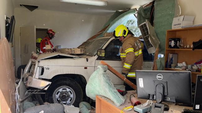 A car ploughed into an office area. Picture: ABC / Caroline Horn