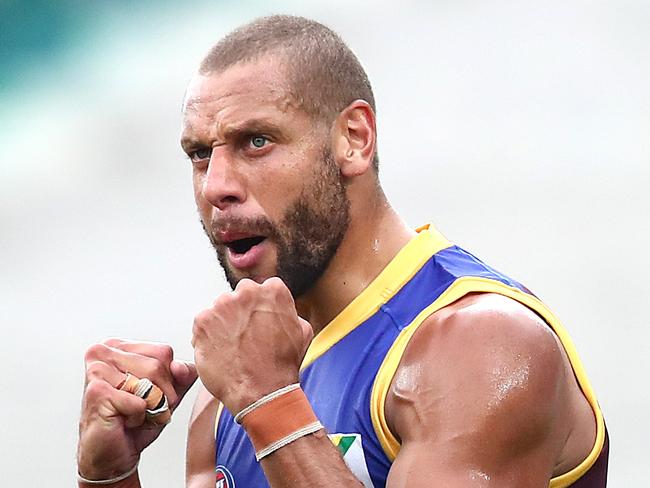 BRISBANE, AUSTRALIA - JUNE 28: Cameron Ellis-Yolmen of the Lions celebrates a goal during the round 4 AFL match between the Brisbane Lions and the Adelaide Crows at The Gabba on June 28, 2020 in Brisbane, Australia. (Photo by Jono Searle/AFL Photos/via Getty Images )