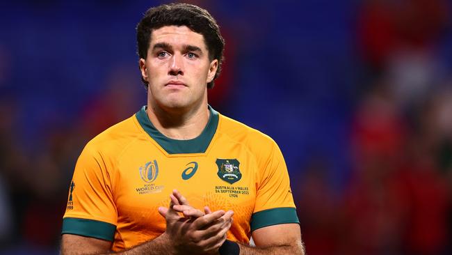 LYON, FRANCE - SEPTEMBER 24: Ben Donaldson of Australia applauds the fans at full-time following the Rugby World Cup France 2023 match between Wales and Australia at Parc Olympique on September 24, 2023 in Lyon, France. (Photo by Chris Hyde/Getty Images)