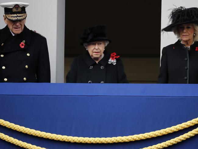 Queen Elizabeth, Prince Philip, Duke of Edinburgh and Camilla, Duchess of Cornwall during the Remembrance Sunday ceremony in London. Picture: AFP/Tolga Akmen