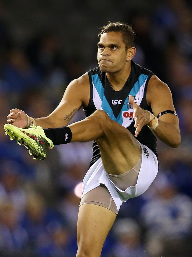 Dom Barry kicks a goal for Port Adelaide. Picture: Michael Klein