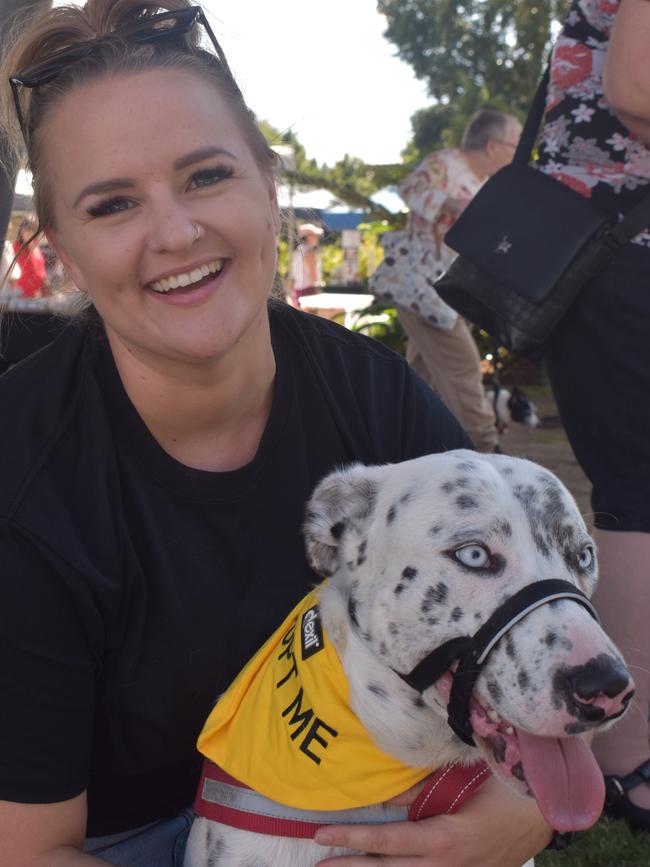Ipswich 2023 Dog Day at Nicholas Street Precinct pictured is Steph Ison with dog Neil who is a deaf koolir