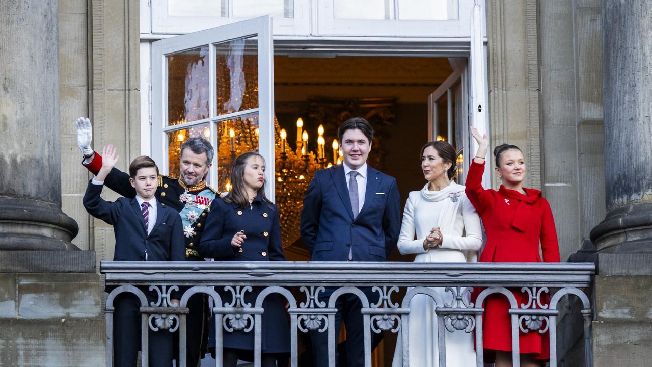 King Frederik X with Queen Mary, Crown Prince Christian, Princess Isabella, Prince Vincent and Princess Josephine enters the balcony on Amalienborg Castle. Picture: Getty Images