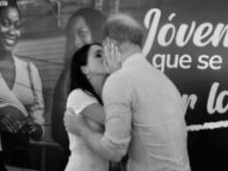 Prince Harry and Meghan Markle packed on the PDA  as their Colombian tour wrapped up. Picture: Supplied