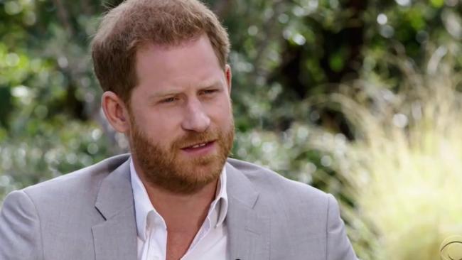 Prince Harry during the infamous interview with Oprah. Picture: CBS