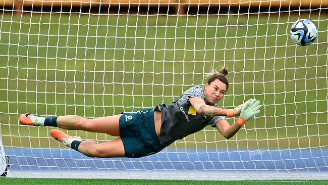 Mackenzie Arnold in action during a Matildas training session last year. Picture: Albert Perez/Getty Images