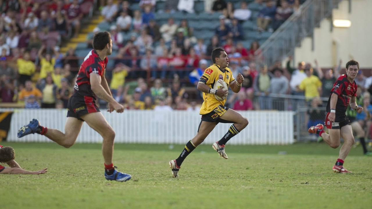 Ashley Boney scores a try for Gatton, Gatton Hawks v Valleys Roosters, Toowoomba Rugby League grand final at Clive Berghofer Stadium, Sunday, September 01, 2013. Photo Kevin Farmer / The Chronicle