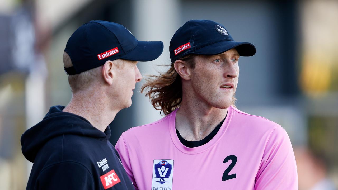 MELBOURNE, AUSTRALIA - FEBRUARY 14: Nathan Murphy of the Magpies looks on during a Collingwood Magpies training session at AIA Centre on February 14, 2024 in Melbourne, Australia. (Photo by Dylan Burns/AFL Photos via Getty Images)