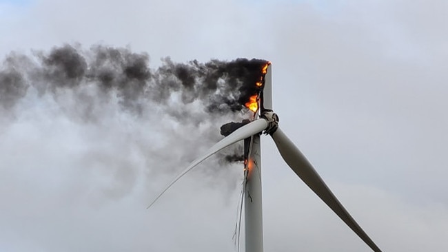 Wind turbine on fire at Breadalbane near Griffith on the Hume Highway. Picture credit NSW Rural Fire Service