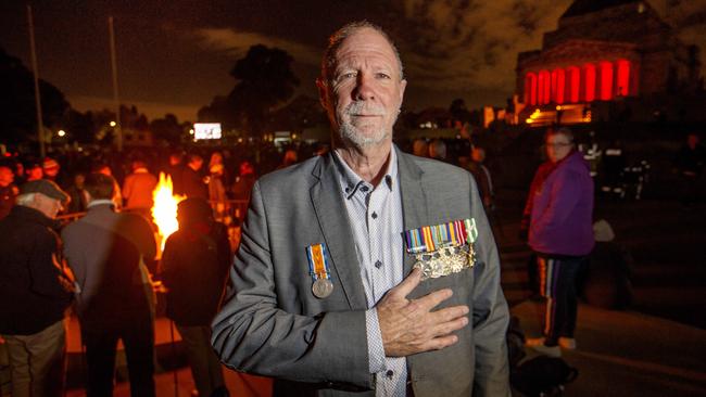 Terry Goodley served 20 years in the navy. He was one of the first to gather for the Anzac Day Dawn Service at the Shrine of Remembrance. Picture: David Geraghty