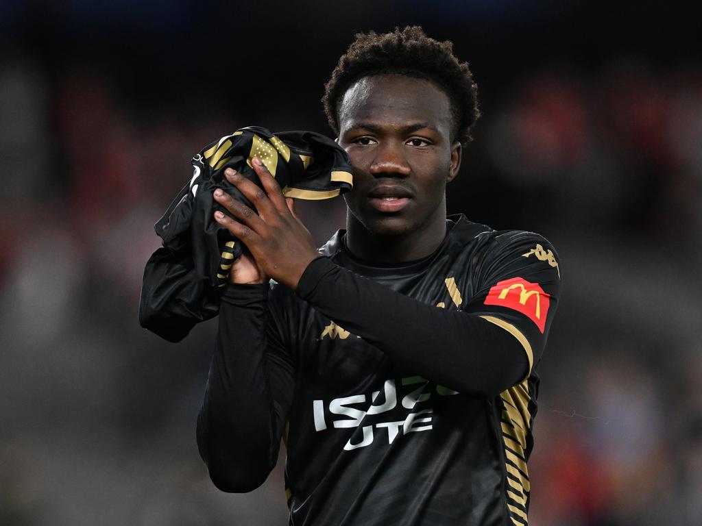 Nestory Irankunda of the A-League All Stars thanks fans after winning the exhibition match between A-League All Stars Men and Newcastle United FC at Marvel Stadium on May 24, 2024 in Melbourne, Australia. (Photo by Daniel Pockett/Getty Images)