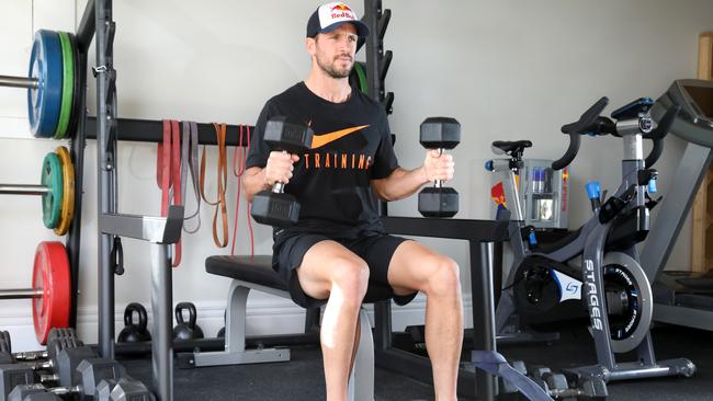 Port Adelaide star, Travis Boak, working out in his garage. 10 April 2020. Picture Dean Martin