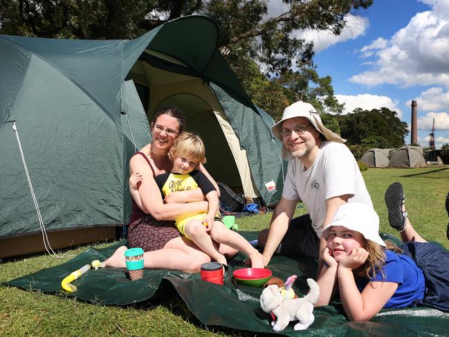 07/04/2017: Jeremy and Louise Clines with their children Nathaniel ,5 , and Esther, 7 from Sheffield, England, camping at Cockatoo Island in Sydney.Pic by James Croucher