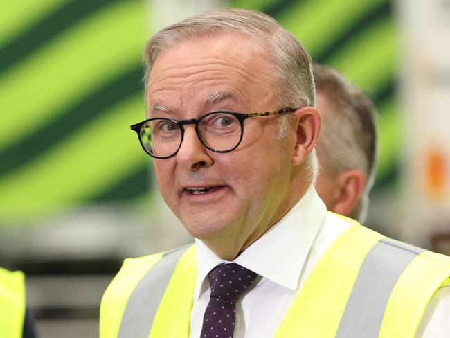 SYDNEY, AUSTRALIA - NewsWire Photos MARCH 14, 2024: Prime Minister Anthony Albanese pictured  speaking to media at the official launch of the Team Global Express Battery Electric Vehicle fleet. Eastern Creek. Picture: NCA NewsWire / Damian Shaw