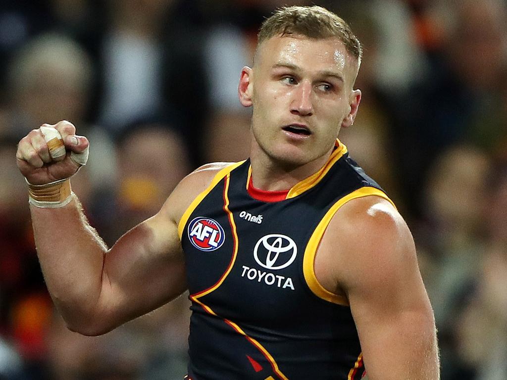 ADELAIDE – APRIL 13: Rory Laird of the Crows celebrates a goal during the 2023 AFL Round 05 match between the Adelaide Crows and the Carlton Blues at Adelaide Oval on April 13, 2023 in Adelaide, Australia. (Photo by Sarah Reed/AFL Photos via Getty Images)