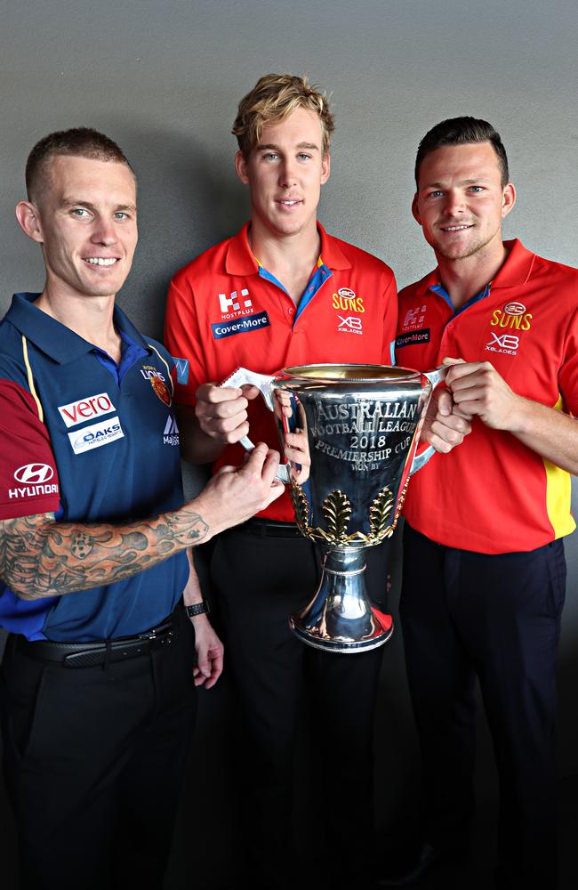 Lions captain Dayne Beams and Suns captains Tom Lynch and Steven May hope to lead their teams to better seasons in 2018. Picture: Annette Dew