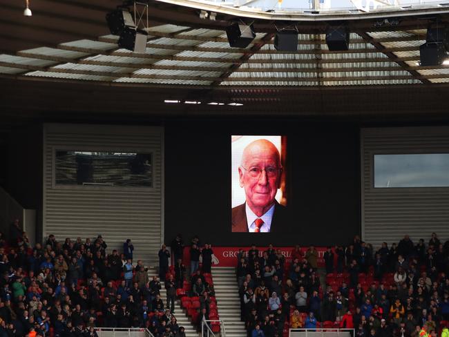 Middlesbrough announce the death of Sir Bobby Charlton during a match between Middlesbrough and Birmingham City. Picture: Getty Images