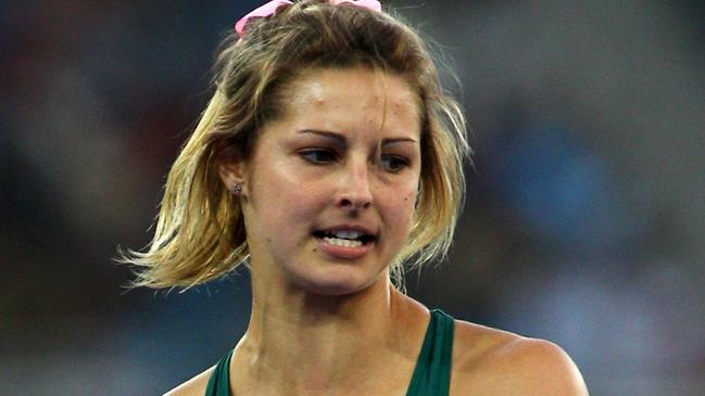 DELHI, INDIA - OCTOBER 12:  Amanda Bisk of Australia reacts during the women's pole vault final at Jawaharlal Nehru Stadium during day nine of the Delhi 2010 Commonwealth Games on October 12, 2010 in Delhi, India.  (Photo by Mark Dadswell/Getty Images)