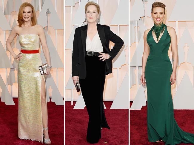 Nicole Kidman, Meryl Streep and Scarlett Johansson at the Oscars 2015 red carpet. Picture: